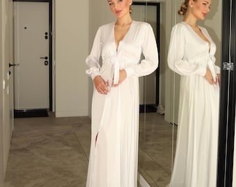 Bridal robe long robe with train robe with sleeves bride robe satin silk boudoir robe dressing gown bridesmaid gift wedding robe with cuffs