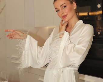 Bridal robe with ruffles sleeves robe tulle robe wedding robe boudoir robe long silk wedding robe bridesmaid robes with sleeves bride robe