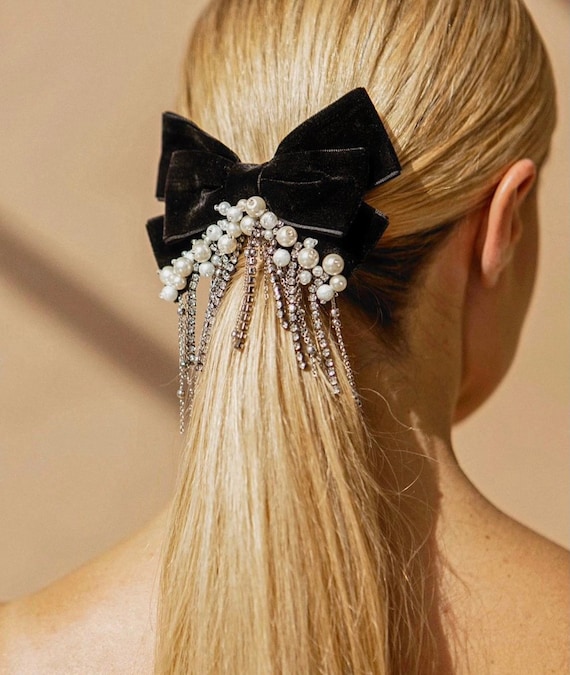 Black Hair Bow Pearl Hair Bow Wedding Hair Bow Bridal Bow Hair Embellished  Velvet Bow Baby Barrette Bow for Girls Beaded Hair Bow Woman 