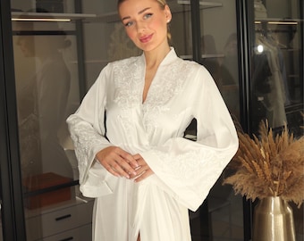 Bridal robe with train robe long robe sleeves lace robe bride robe for wedding day boudoir robe bridesmaids robes silk robe dressing gown