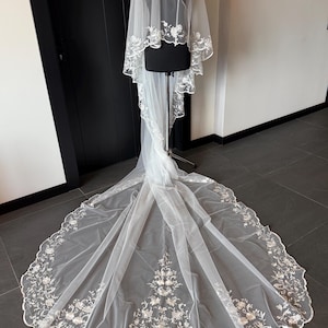 Wedding blusher veil with scalloped edge veil blusher lace veil embroidery leaves veil cathedral veil lace two tier veil chapel length