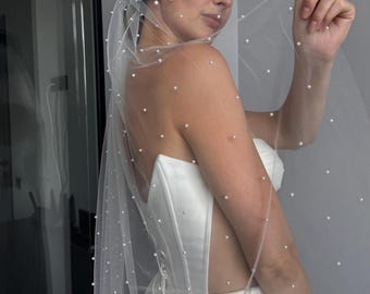 Pearl Wedding Veil Classic Bridal One Tier Veil Fingertip Elbow Length Ivory / White