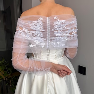 Wedding bolero lace bridal topper tulle jacket with sleeves embroidery tulle wraps bolero and gloves set wedding shawl wedding dress topper