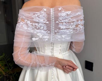 Wedding bolero lace bridal topper tulle jacket with sleeves embroidery tulle wraps bolero and gloves set wedding shawl wedding dress topper