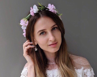 Pink & White Flower Crown - Bridal Headband, Wedding Hair Wreath