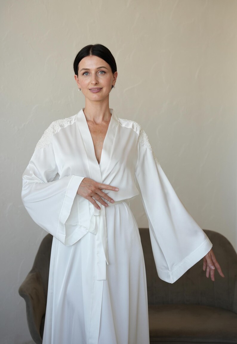 White Shoulder Robe Bridal Robe With Lace Long Bride Robe Ivory Robe With Train Robe Satin ...