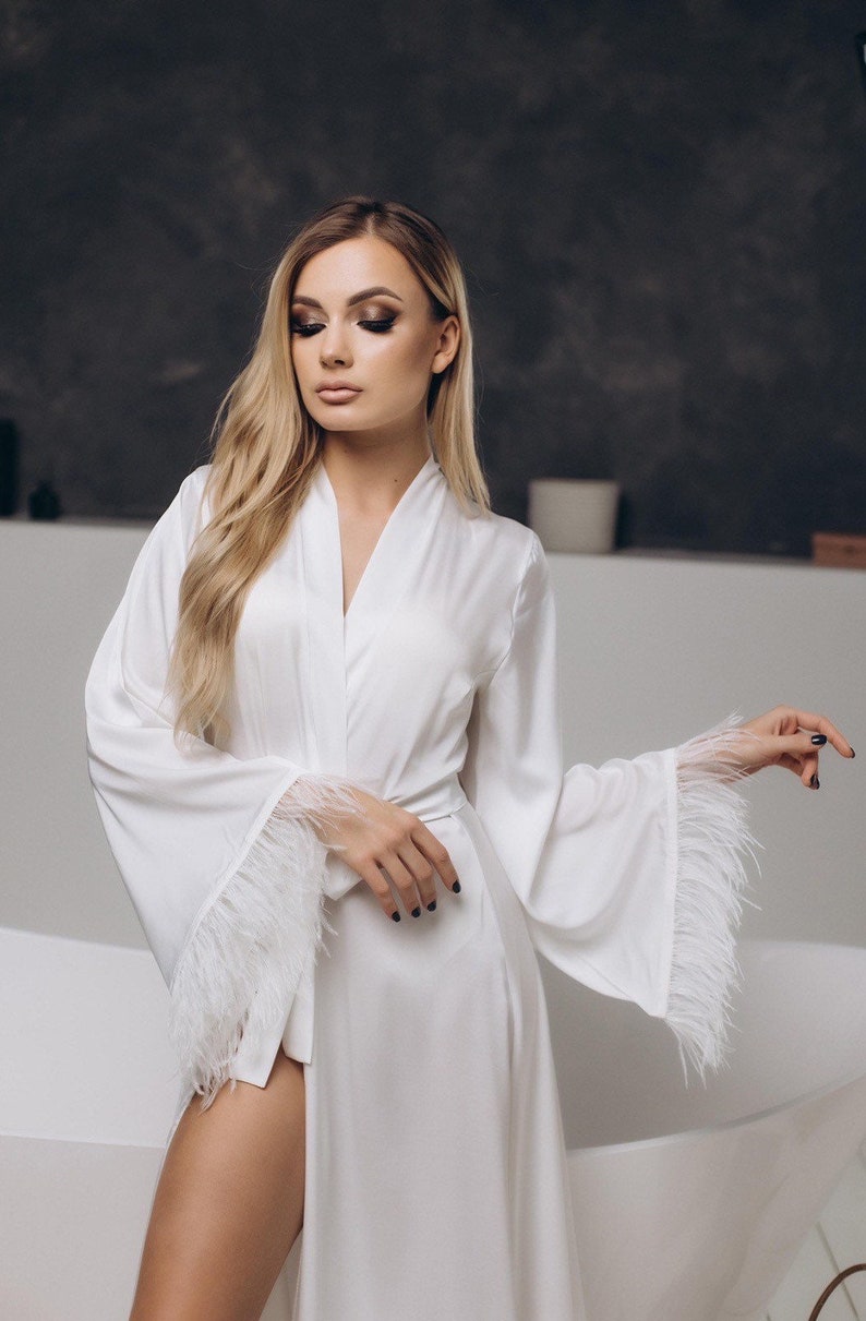 Bridal robe with train robe feather sleeves robe bride boudoir robe with feather bridesmaids robes silk robe long dressing gown robe wedding image 2