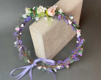 Flower crown lavender bridal flower crown lavender headband purple flower crown boho floral headpiece wedding hair wreath flower girl crown