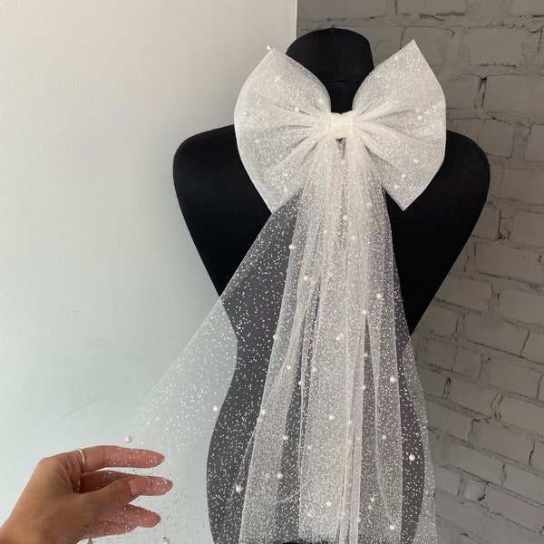 Veil hair bow pearl veil glitter veil bow bridal bow tulle pearl bow veil hair bridal shower hair bow wedding bow comb bridal hairpiece boho