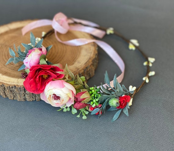 Blush & Red Flower Crown: Peony Rose Bridal Headband - Etsy  display picture 2
