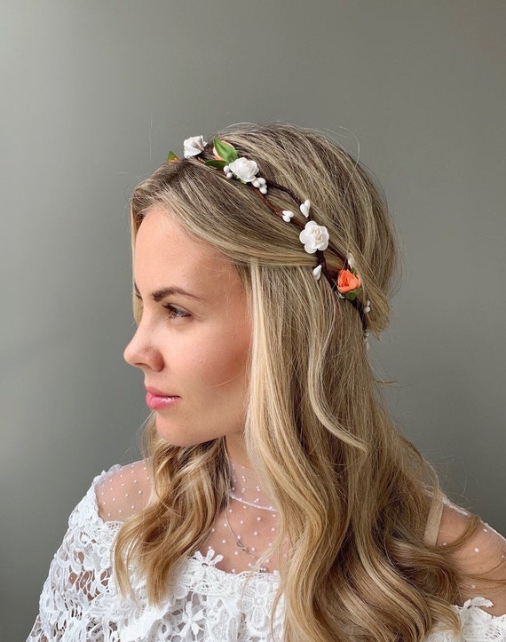 White Peach Flower Crown Adult Flower Girl Crown Bridal Flower Crown Wedding Flower Crown Halo Bridal Floral Crown Wedding Flower Headpiece