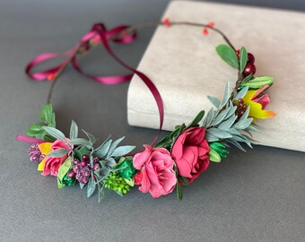Red Floral Crown Headpiece - Wedding Flower Girl, Bridal Halo