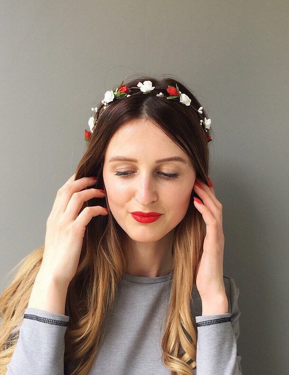 White Red Flower Crown Wedding Floral Crown Bridal Floral Crown