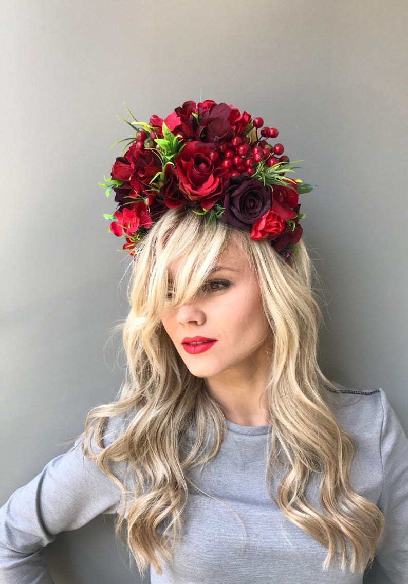 Red flower crown wedding floral headband bridal flower headband wedding flower crown adult flower headpiece girl crown bridal head pieces