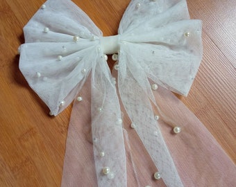 Lazo de perlas para el cabello de novia, tocado de tul para boda