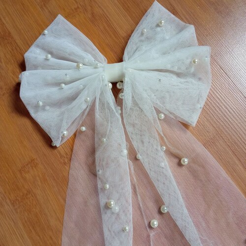 Hair Bow Pearl Bridal Bow Tulle Pearl Bow Bachelorette Party Etsy