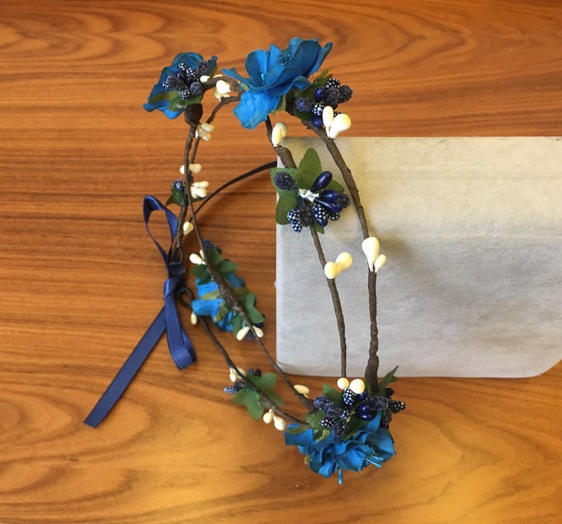 Blue Flower Crown Double headpiece Woodland crown head wreath Wedding Hair Piece Floral Headpiece rustic wedding crown halo floral headband