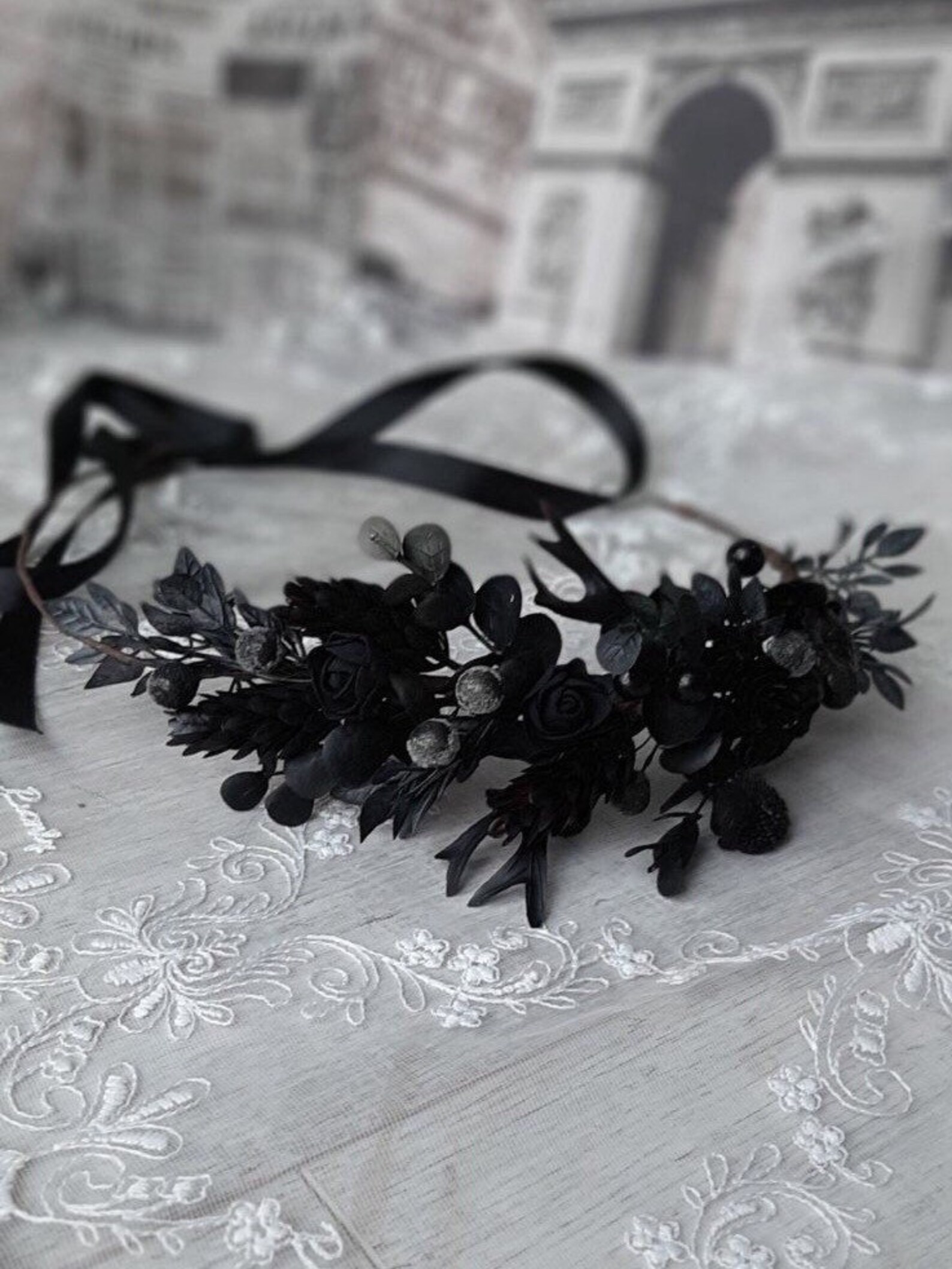 Black flower crown adult dark wedding flower crown wedding | Etsy