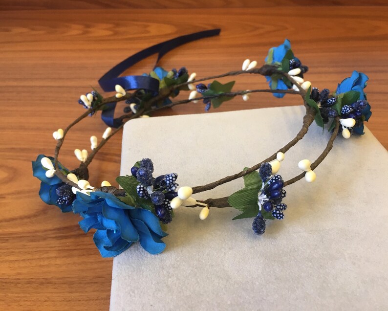 Blue Flower Crown Double headpiece Woodland crown head wreath Wedding Hair Piece Floral Headpiece rustic wedding crown halo floral headband