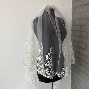 Wedding veil with blusher veil leaves bridal veil cathedral veil lace veil two tier veil chapel length veil lace trim veil wedding long veil