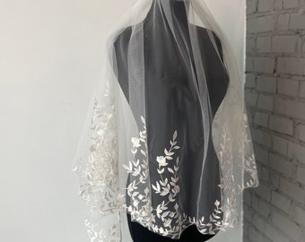 Wedding veil with blusher veil leaves bridal veil cathedral veil lace veil two tier veil chapel length veil lace trim veil wedding long veil