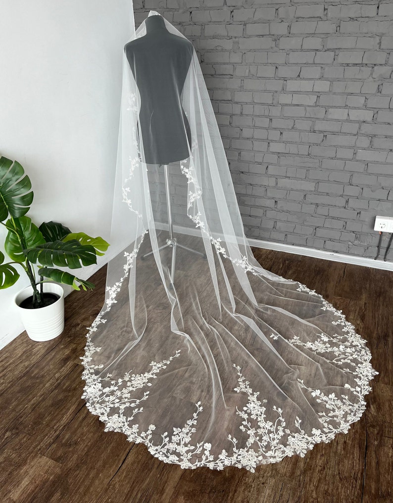 Veil lace cathedral wedding veil lace fingertip length lace veil wedding chapel veil floral lace trim bridal veil lace with flower veils image 3