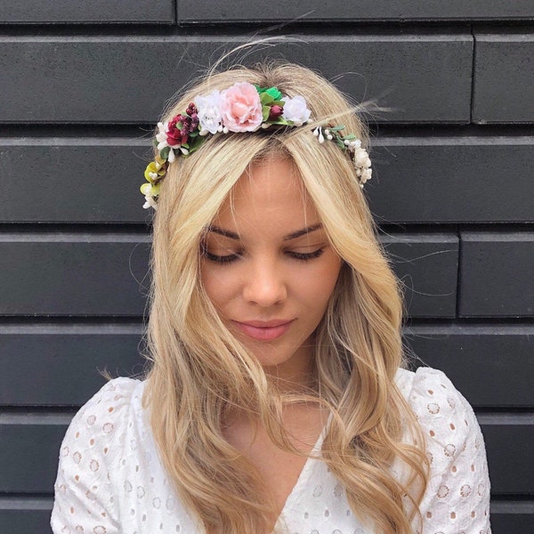 White flower crown wedding floral crown wedding head piece for bride flower head wreath burgundy flower girl crown adult floral headpiece