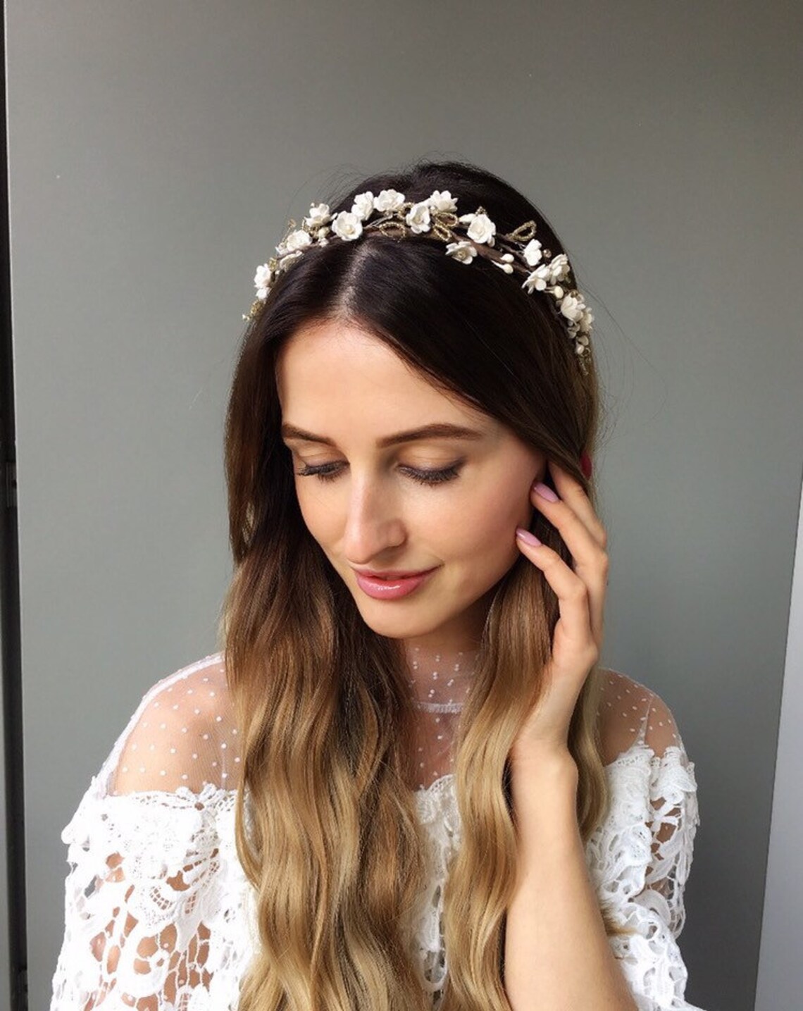 White flower headband adult floral head pice wedding wreath Etsy