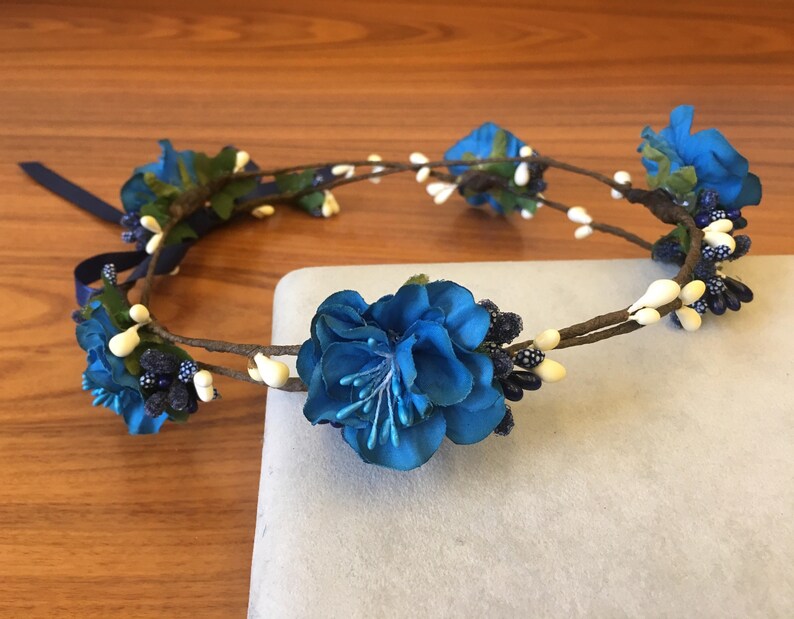 Blue Flower Crown Double headpiece Woodland crown head wreath Wedding Hair Piece Floral Headpiece rustic wedding crown halo floral headband