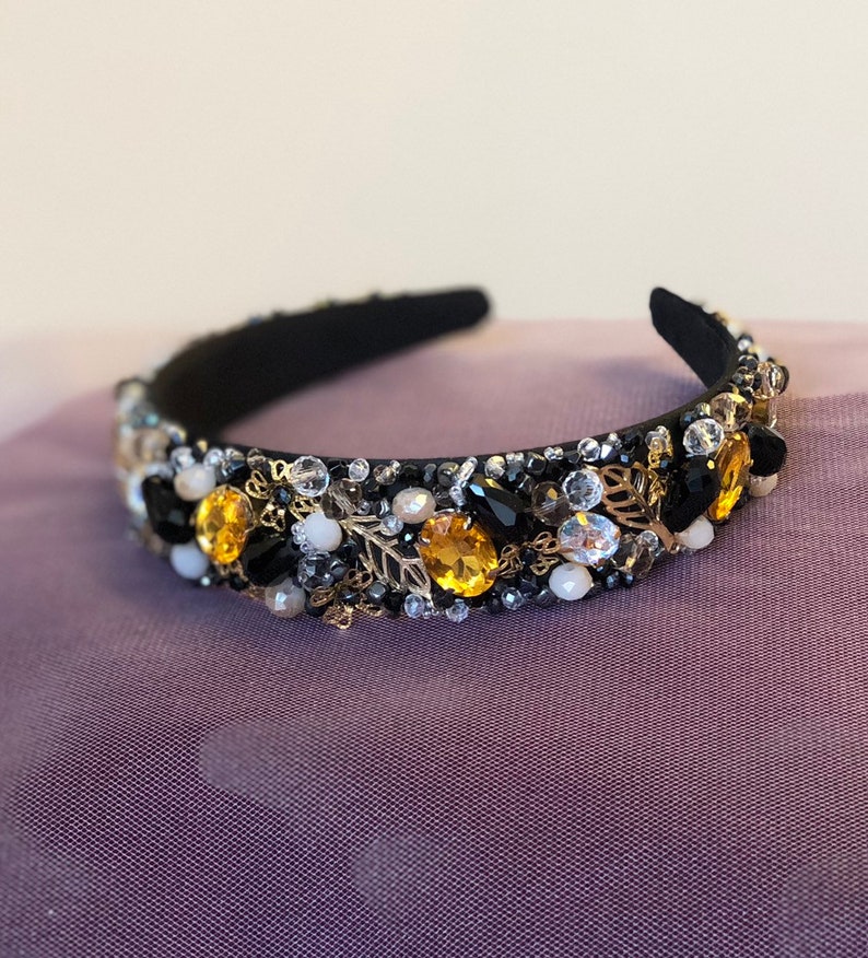 Black gold headband jeweled crown baroque headpiece bridal beaded headband dolce gotic wedding tiara crystal rhinestone headband women adult