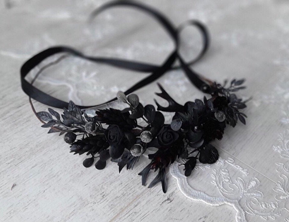 Black flower crown adult dark wedding flower crown wedding | Etsy