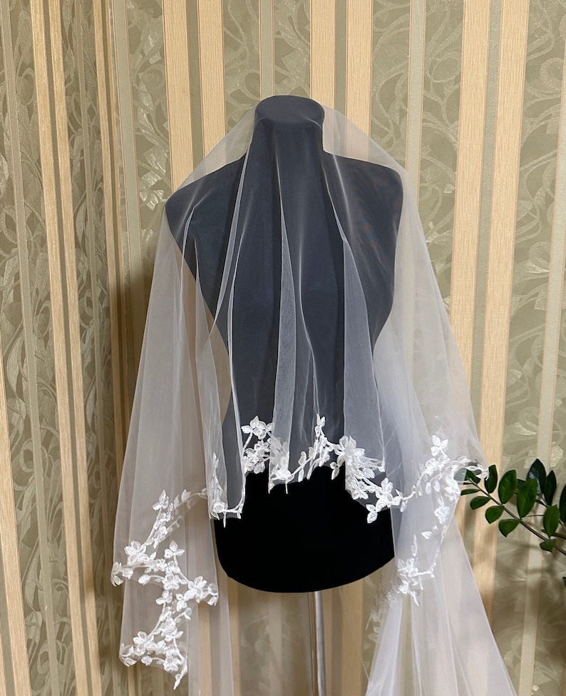 Veil lace cathedral wedding veil lace fingertip length lace veil wedding chapel veil floral lace trim bridal veil lace with flower veils image 4