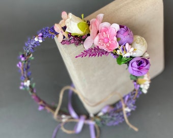 Lavender Flower Crown: Boho Wedding Headband, Floral Hair Wreath