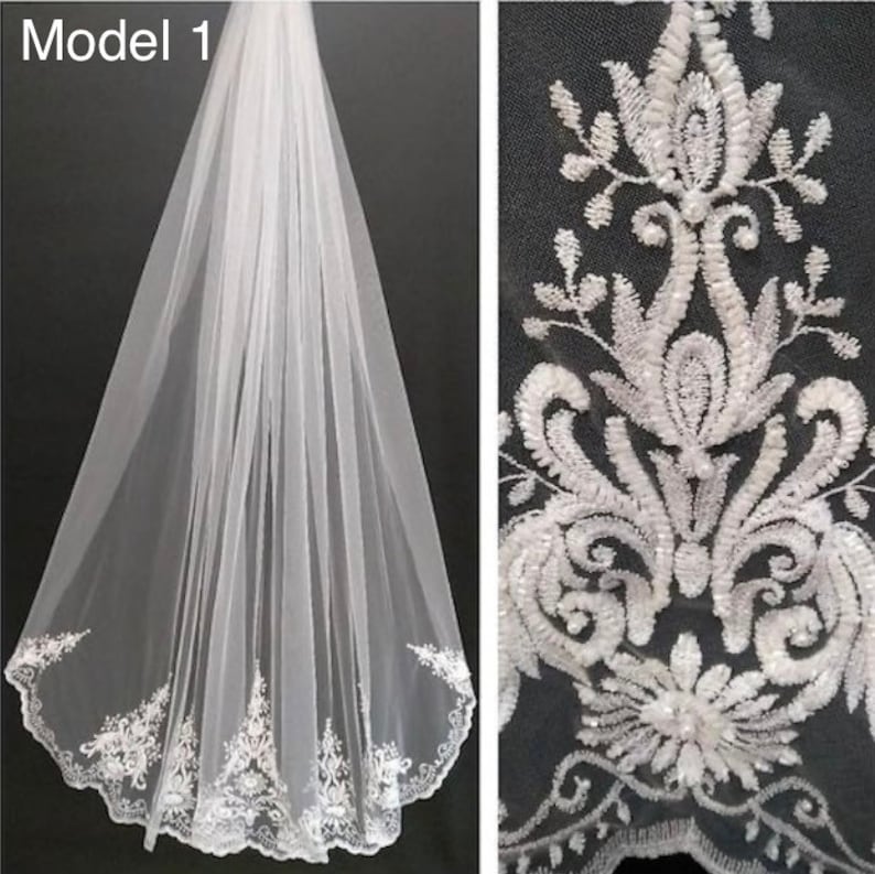 Wedding veil lace edge bridal veil 1 tier veil tulle veil wedding cathedral long veil royal one tier chapel length fingertip veil short image 2