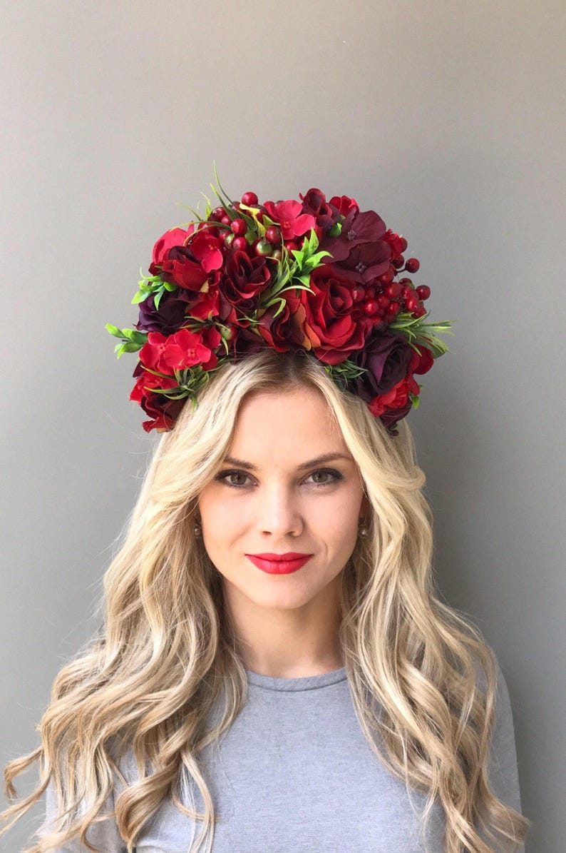 Red flower crown wedding floral headband bridal flower headband wedding flower crown adult flower headpiece girl crown bridal head pieces