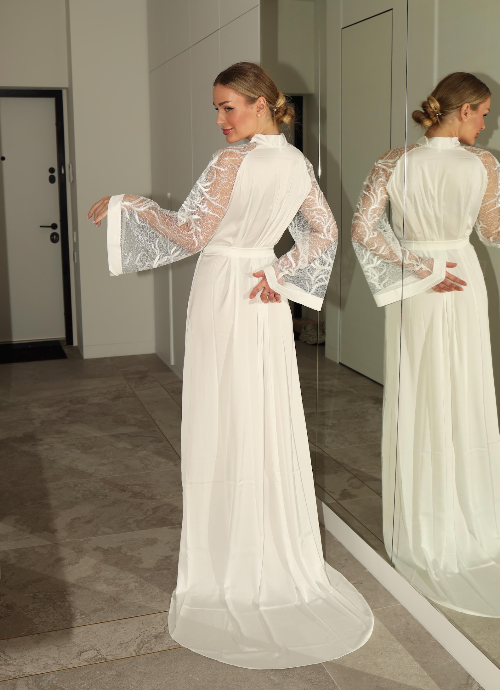 Wedding Robe With Sleeves Robe Long Ivory Robe With Train Satin and ...