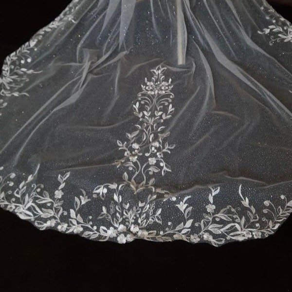 Veil glitter wedding glitter bridal veil sparkle veil tulle with glitter veil leaf flower veil cathedral long veil ivory white veil wedding