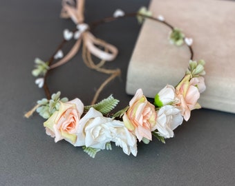 White flower crown wedding hair wreath boho floral headpiece flower girl crown bridal heaband bridesmaid hair floral crown set boutonniere