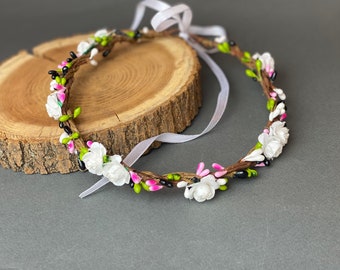 White Flower Crown: Wedding Headpiece with Ribbon Tie