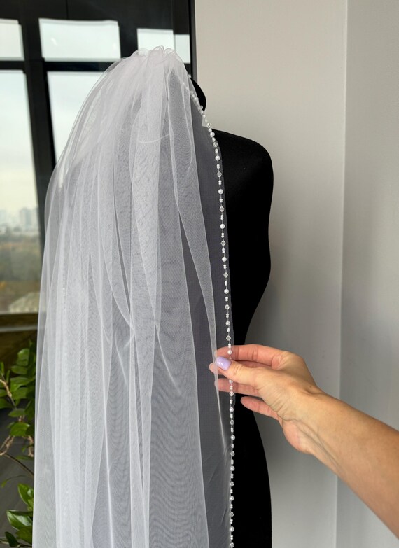 Sheer White Bridal Veil with Delicate Beaded Edge Angel Cut Pearl Wedding Veil - Beaded Edge With Crystals  main image 3