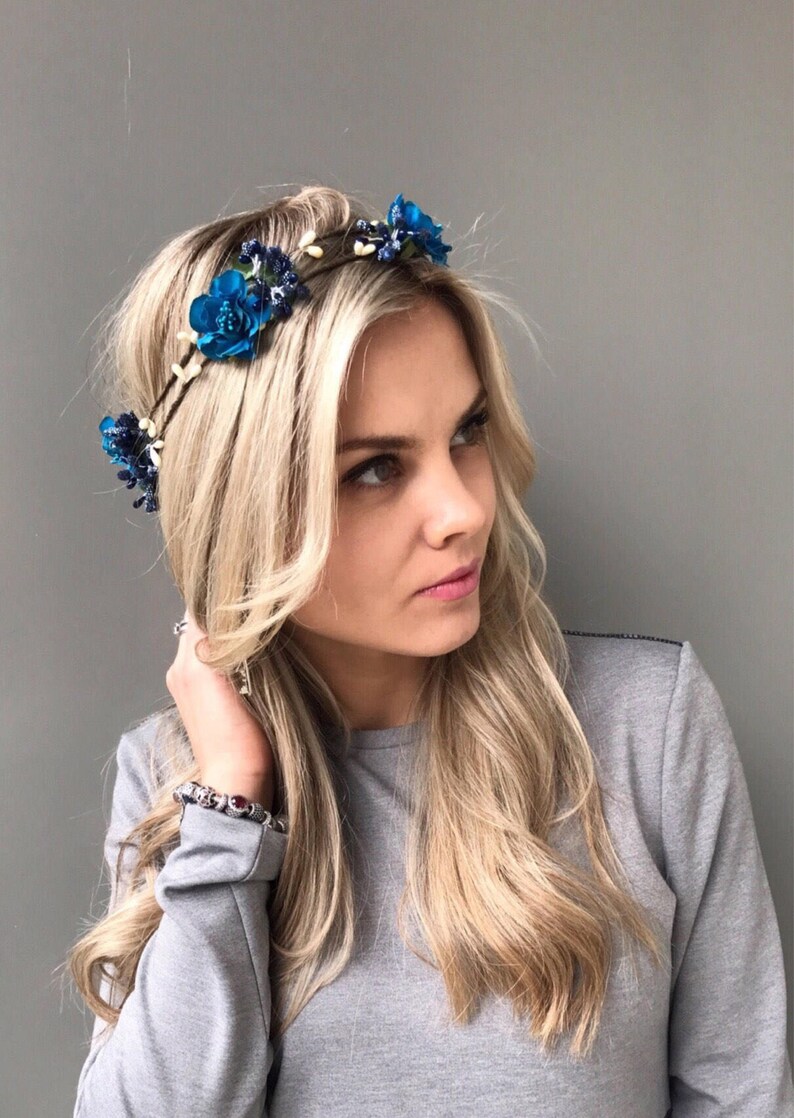 Blue Flower Crown Double headpiece Woodland crown head wreath Wedding Hair Piece Floral Headpiece rustic wedding crown halo floral headband