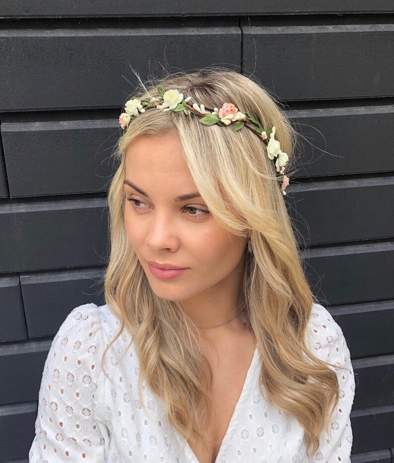Peach Flower Crown Floral Hair Wreath Wedding Floral Headpiece Etsy