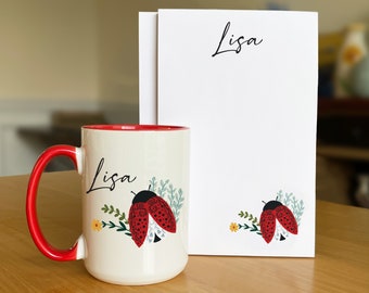 Custom Ladybug Mug, Notepad & Sticker Set, Perfect Mother's Day Gift, Personalize with name