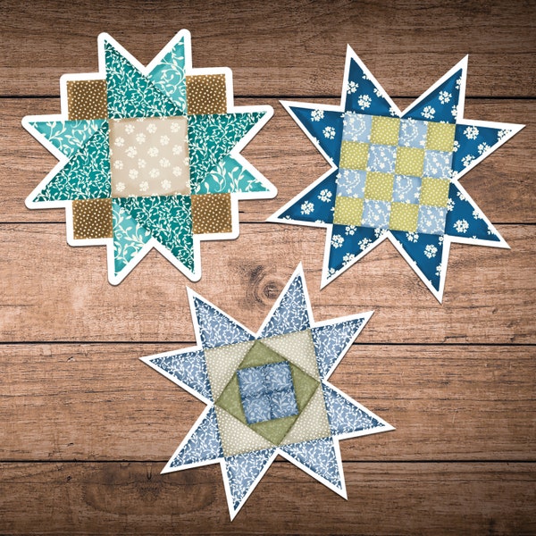 Sawtooth and Friendship Quilt Block Stickers, Blue set of 3 Star Quilt Sticker, Planner, Quilting Journal, Quilt Block, Sewing Sticker