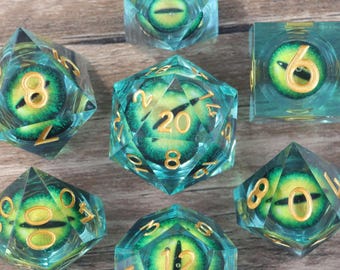Green Dragon Eye-tärningar, handgjorda tärningar med skarp kant och harts för DnD, RPG, bordsspel, DND-spelarens gåva, D20-tärningsset, flytande kärntärningsset