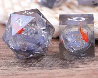 Koi Fantasy Resin Dice Set, Glittering White Liquid Core Dice for RPGs, Christmas Gifts, Liquid Core Dice Set for Dungeons and Dragons