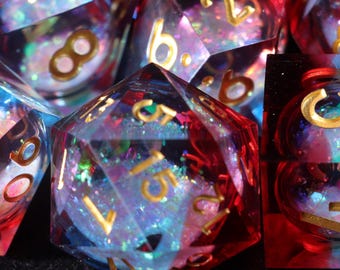 Blue Red Liquid Core DnD Dice Set for Role Playing Games, Full Galaxy Dungeons and Dragons Dice Set for Gifts, RPG Liquid Core D&D Dice Set