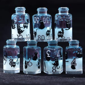 Peut inclure: Sept petites bouteilles en verre transparent remplies de liquide bleu. Chaque bouteille présente une illustration de chat noir et des chiffres blancs. Les bouteilles sont disposées en forme de pyramide sur fond sombre.