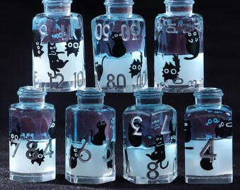 Black Cat 7 Potion Dice Set, for RPG tabletop Games, like Dungeons and Dragons, D6 D20 Alchemist Bottle