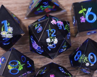 Floral Dnd Dice Set, For Role Playing Games, Resin Dice, Sharp Edge Dice, D6, D20, DND Gift